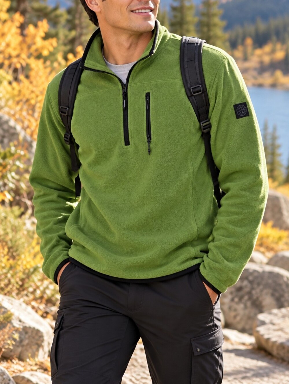 Mondetta Men’s Green Quarter-Zip Fleece Pullover Black Trim Outdoor Hiking Trail